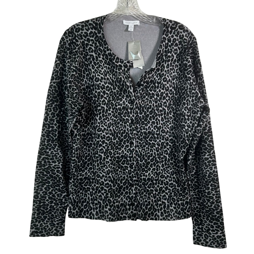 Charter‎ Club Womens XL Gray Black Leopard Print Button Front Cardigan Sweater